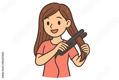 Happy young woman straightening her long brown hair using a flat iron for beauty and style routine