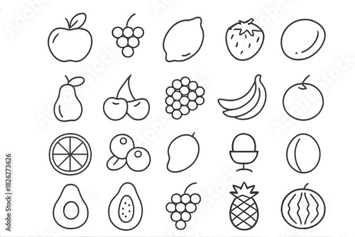 Minimalist outline icons set featuring diverse fresh fruits, berries, and tropical produce for healthy eating
