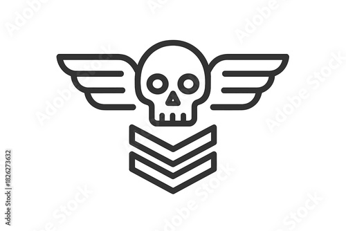 Black and white winged skull emblem above military chevron rank stripes