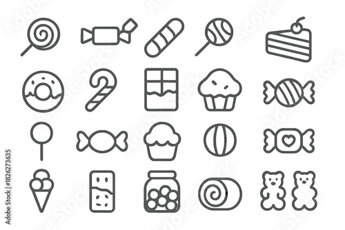 Minimalist line icons collection of assorted candy desserts and sweet snacks