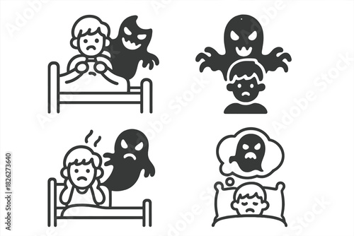 Scary ghost haunting a person in bed experiencing fear, anxiety, and bad dreams