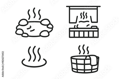 Hot springs, onsen, sauna, and traditional wooden bath tubs representing thermal wellness