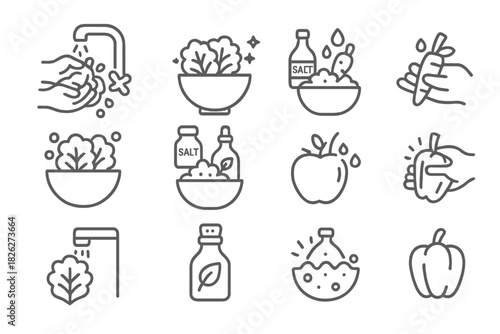 Essential line icons for food preparation, hand washing, healthy eating, and cooking ingredients