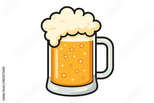 Stylized cartoon beer mug filled with golden lager and thick white foam head