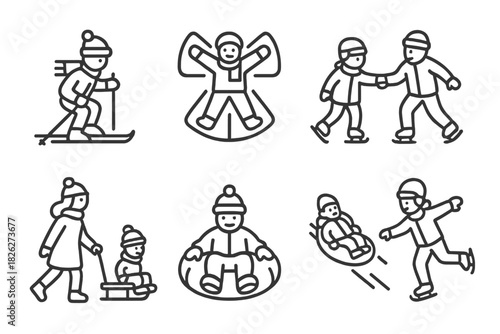 Collection of symbols representing popular winter recreation activities and cold weather sports