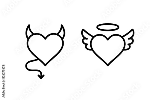 Line art icons representing the duality of love with angel heart and devil heart symbols