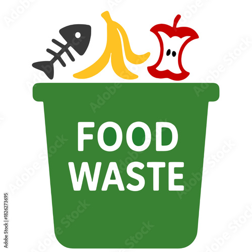 a food waste bin with scraps like a fishbone, banana peel, and apple core, symbolizing composting and sustainable disposal