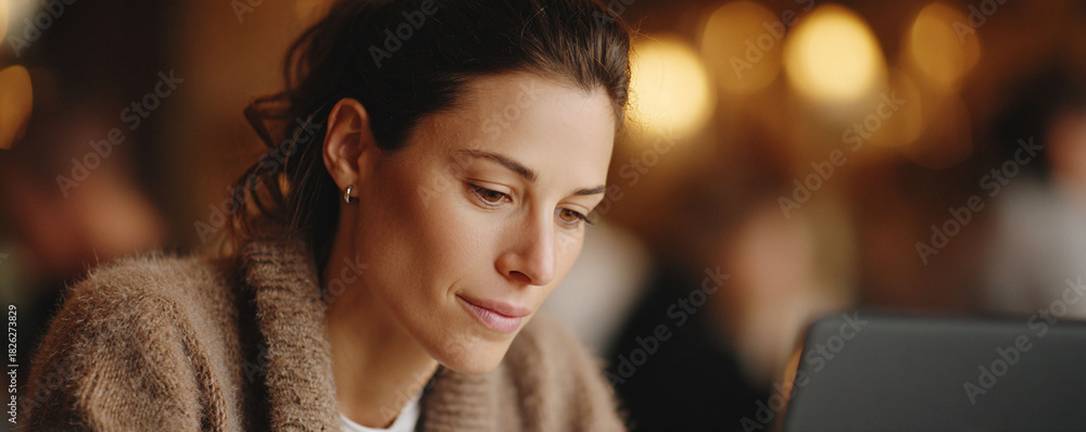 Fototapeta premium Serene portrait of a woman focused on her screen. The soft, warm lighting and cozy sweater evoke a sense of comfort and concentration, perfect for themes of work, study, or lifestyle.