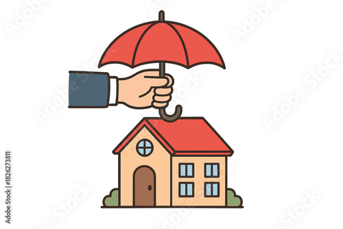 Hand holding an umbrella over a house symbolizing protection and security
