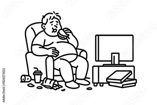 Obese man sitting in armchair eating hamburger while watching TV surrounded by junk food