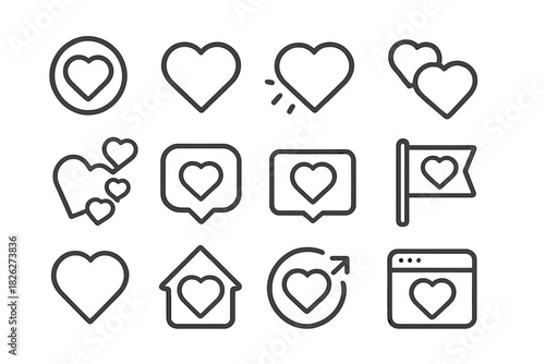Outline heart icons collection representing love, favorites, and user interface elements