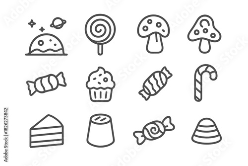 Outline set of sweet desserts, candies, and fantasy elements including lollipops and mushrooms