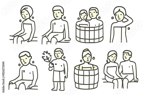 People relaxing in a sauna sitting on benches soaking in tubs and using bath whisks