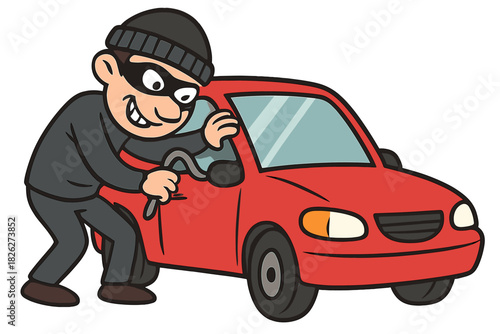 Smiling cartoon burglar attempting to steal a red automobile using a metal tool