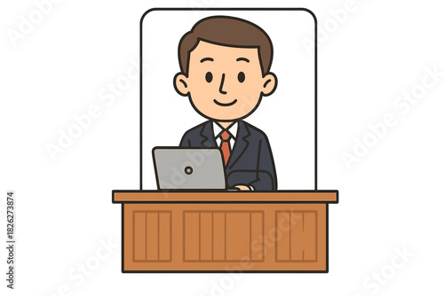 Friendly professional man in suit working on laptop computer at wooden desk