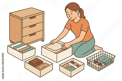 Woman organizing folded clothes into storage containers next to wooden drawers