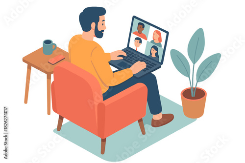 Professional man participating in an online video meeting from his comfortable home setup