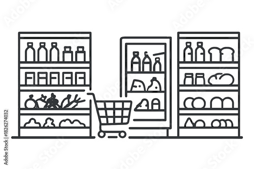 Minimalist black outline of supermarket shelves stocked with groceries and a shopping cart