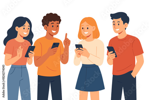 Group of smiling friends holding mobile phones and engaging in social networking