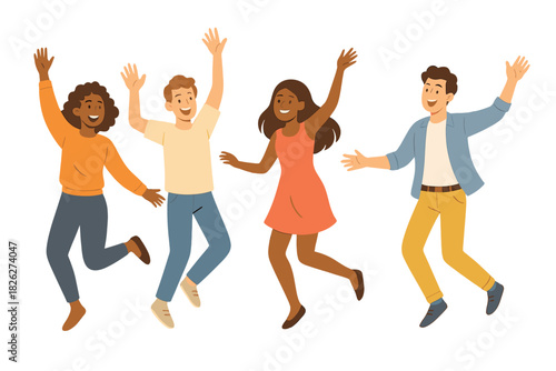Group of diverse young people jumping and celebrating success with raised hands