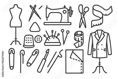 Essential sewing and tailoring tools including machine, scissors, pins, thimble, and mannequin