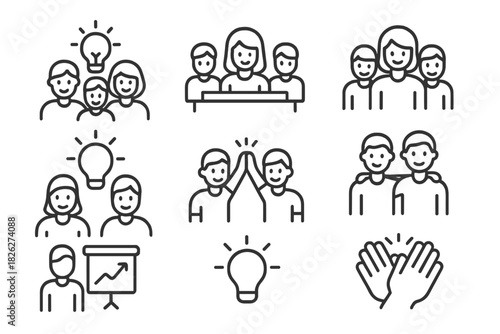 Linear business icons set for teamwork collaboration and achievement concepts