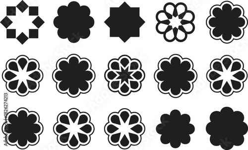 Silhouette Mountain and Tree Icons Set. Peaks, Forest, Nature Landscape Vector Illustration