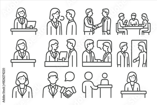 Professional business communication and workplace interactions outline symbols set