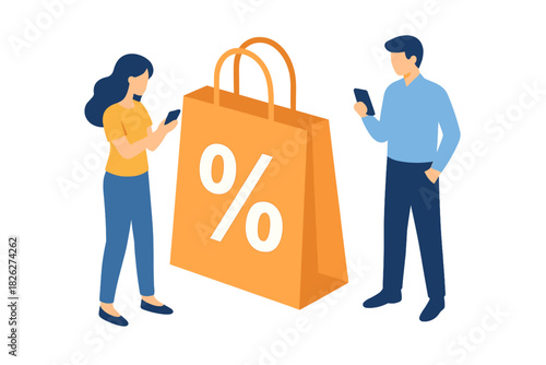 Couple shopping online using mobile phones to get special retail discounts