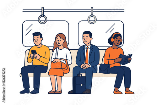 Diverse commuters sitting on a subway train reading books and using mobile phones