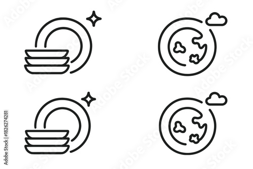 Collection of symbols depicting sparkling clean dishes, hygiene, and global food sustainability