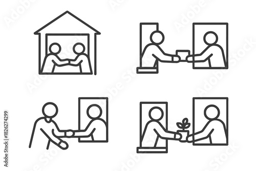 Neighborly interaction and community support between people exchanging items and shaking hands