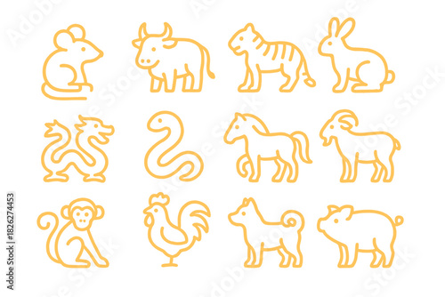 Simple outline style collection of Chinese New Year horoscope animals and Zodiac signs