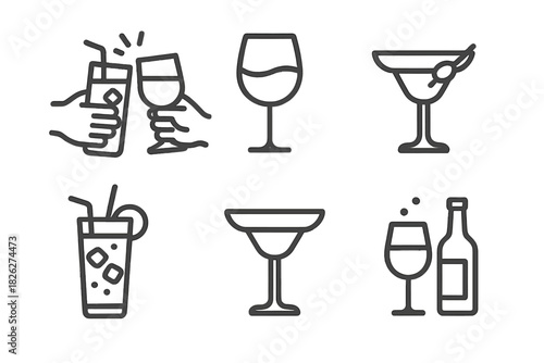Outline icons featuring alcoholic beverages, wine, cocktails, and celebratory toast