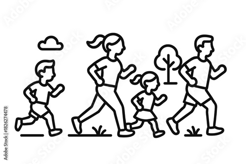 Happy active family jogging together outdoors in a park setting during summer
