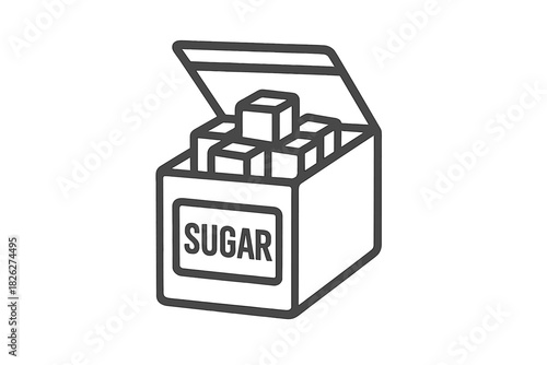 Black and white outline of an open cardboard box filled with sugar cubes