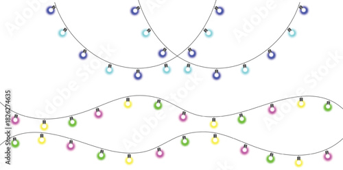 Festive christmas garland with colorful lights, isolated on transparent background. Twinkling fairy lights glow in blue, pink, yellow, green
