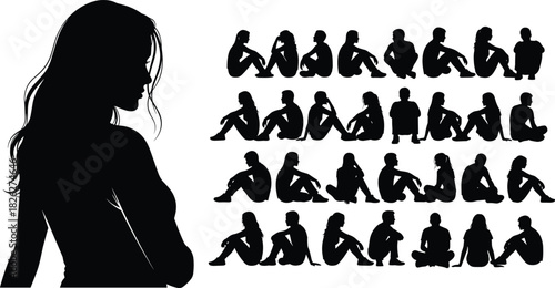 Silhouette sitting pose illustration, human posture sketch grid, ergonomic body language reference, diverse seated figure set, cad drawing flat vector illustration