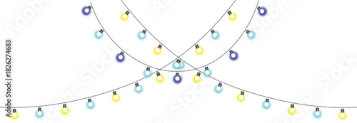 Blue and yellow Christmas light bulbs set on a transparent background. Set of Christmas glowing garlands. Christmas decoration, LED light bulbs