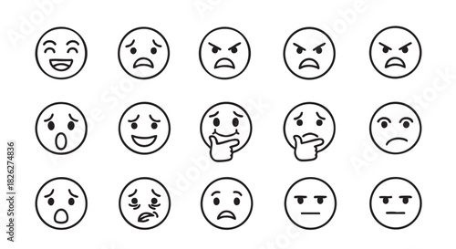 Collection of diverse monochrome outline emoticons expressing various feelings and reactions