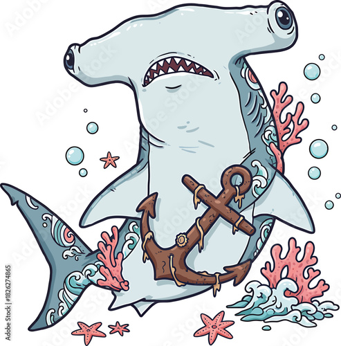Illustrated Grumpy Hammerhead Shark with Nautical Tattoos and an Anchor.