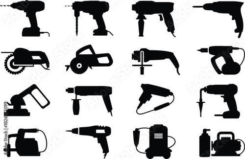 Silhouette Drill and Handheld Power Tools Icons Set. Electric Drill, Saw, Nail Gun Vector Illustration