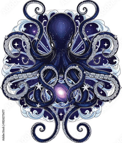Majestic cosmic octopus with swirling starry tentacles holding a glowing nebula.