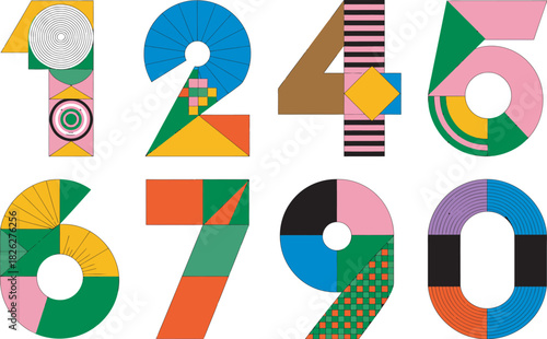 Geometric number set colorful shapes create modern numerals ideal for educational materials and creative design projects
