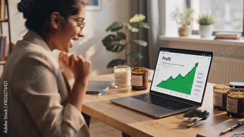 Young Woman Engaged in Online Business and Financial Analysis at Home.
