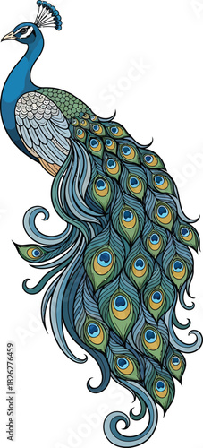 Stylized peacock illustration with vibrant blue and green plumage and an ornate flowing tail.