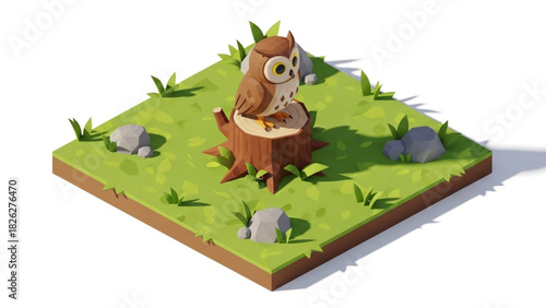Isometric view of a cartoon owl perched on a tree stump surrounded by grass and rocks.