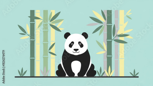 A cute panda sits between bamboo stalks, depicted in a minimalist illustration style.
