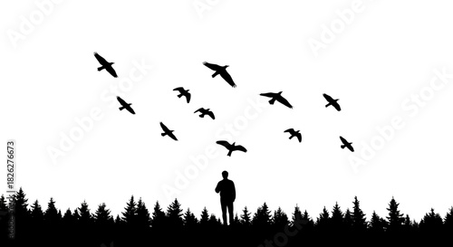 Solitary figure watching birds fly over forest silhouette in black and white