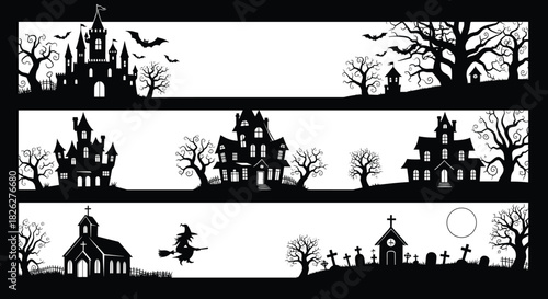 Spooky Halloween landscape silhouette collection featuring haunted houses, graveyards, creepy trees, flying bats and witch scenes, detailed vector illustration for seasonal holiday designs